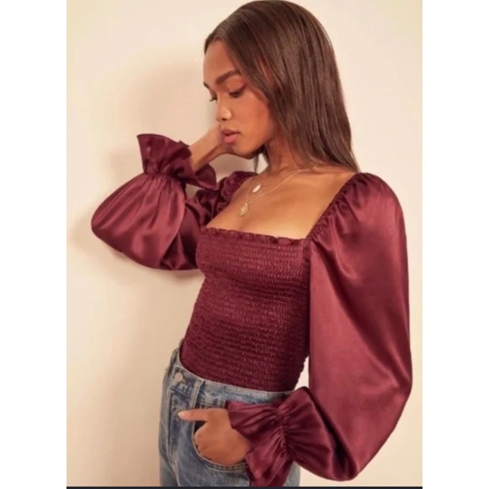 Reformation Burgundy 100% Silk Smocked Long Sleeve Square Neck Chamomile Top  S